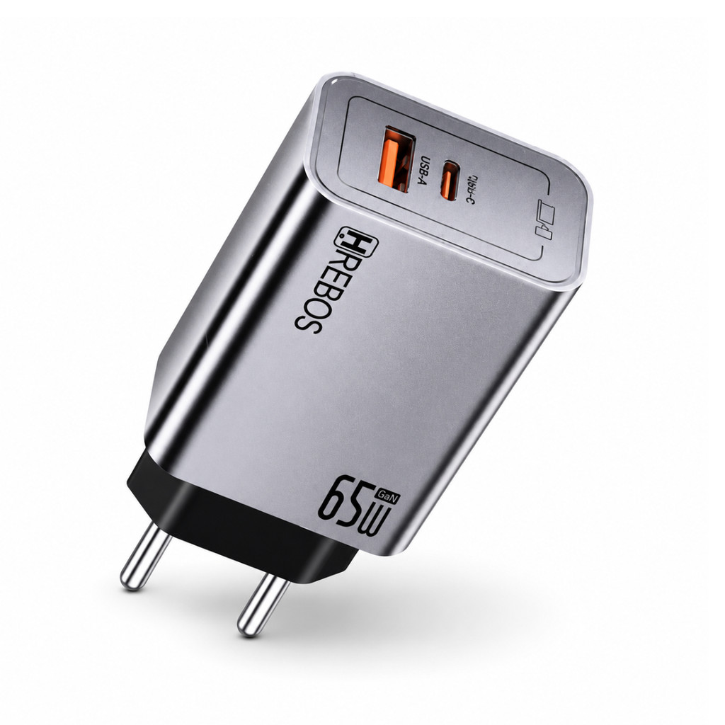 Fonte Carregador 65W Hrebos CRG-229 GaN Turbo USB-C Tipo C PD USB-A Bivolt