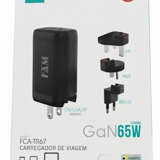 Carregador Tomada Universal Viagem Gan 65w 3 Saídas FAM TR67