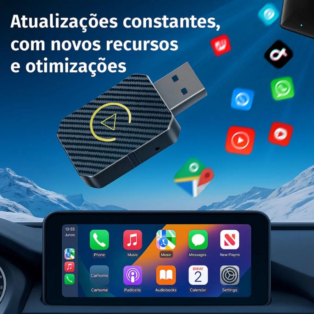 CarPlay Adaptador Mini Sem Fio Para Central Multimídia Automotivo USB / Tipo-C Plug and Play