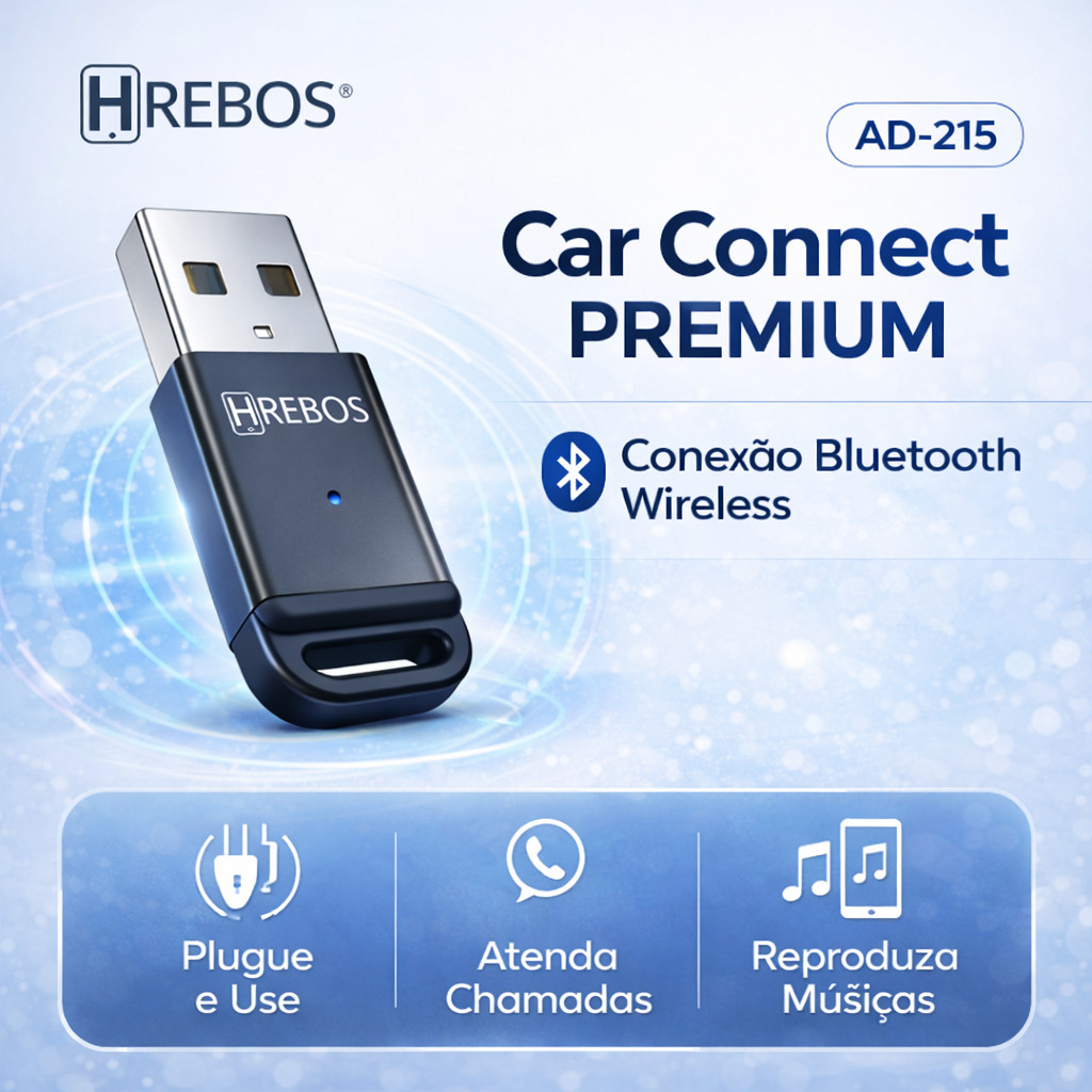 Hrebos Car Connect Adaptador Bluetooth para Carro USB Sem Fio Música Chamadas Plug Play Compacto
