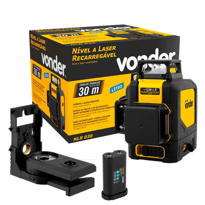 Nível a Laser 3 Linhas Verdes Alcance 30 Metros 360º com Bateria de Lítio Recarregável Vonder NLR 030