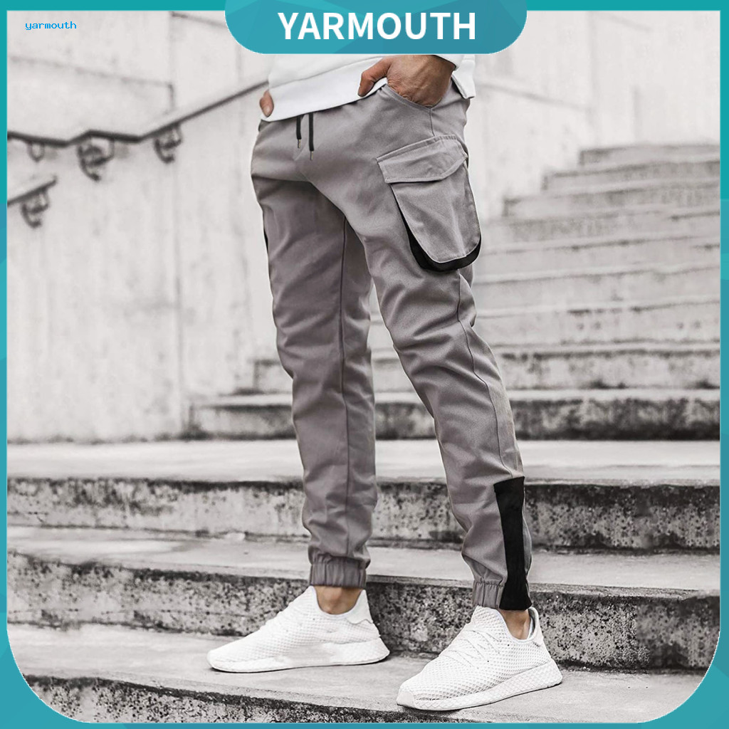 Men Bottoms Solid Color Pants Men's Cargo Sweatpants with Pockets Ankle-banded Drawstring Elastic Waist Loose Fit Retro
