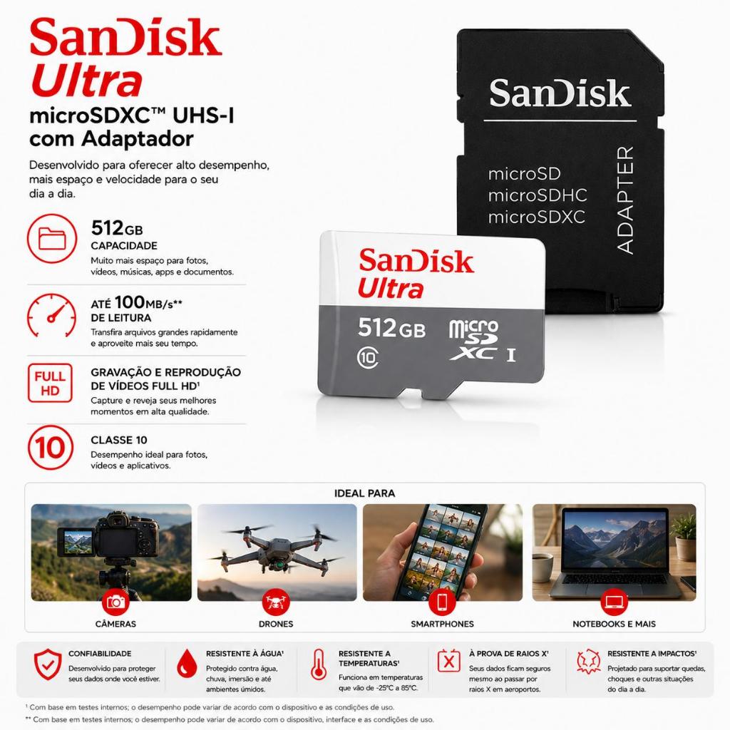 Cartão De Memória Micro SDXC 512GB Classe 10 Com Adaptador 100% Original top