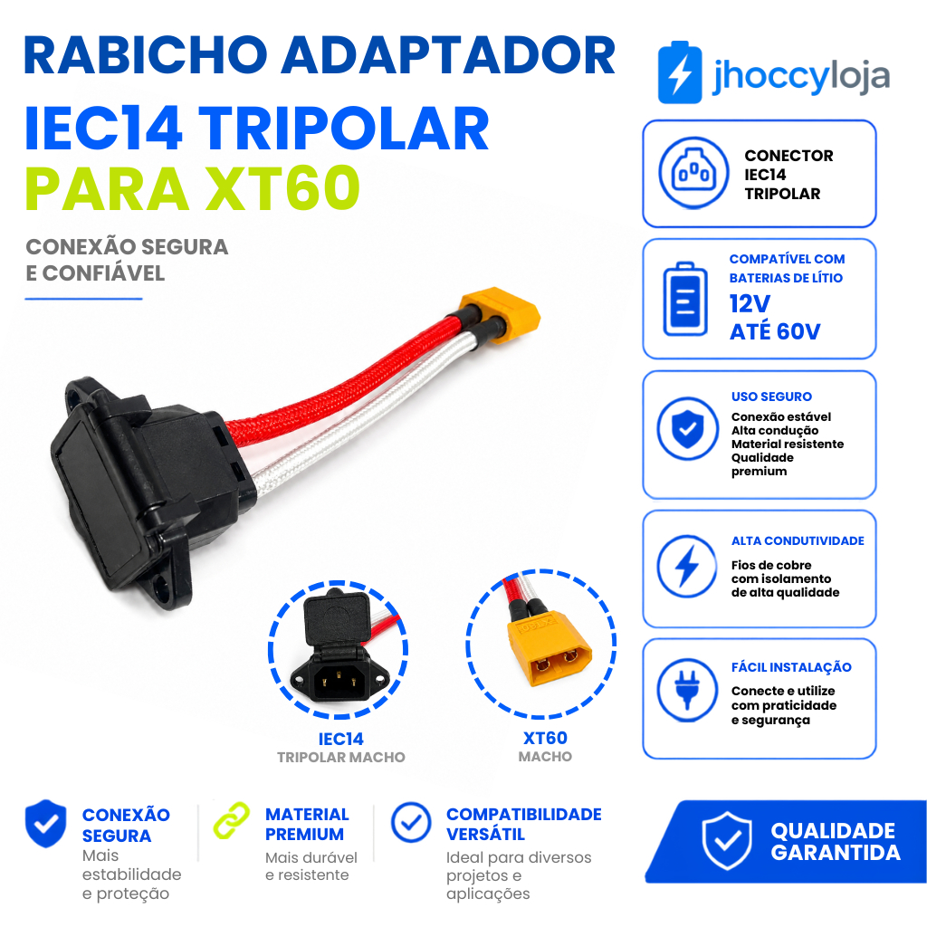 Conector IEC14 Tripolar Para XT60 Cabo Adaptador Rabicho Soquete Carregador Fonte DC CityCoco Scooter Elétrica