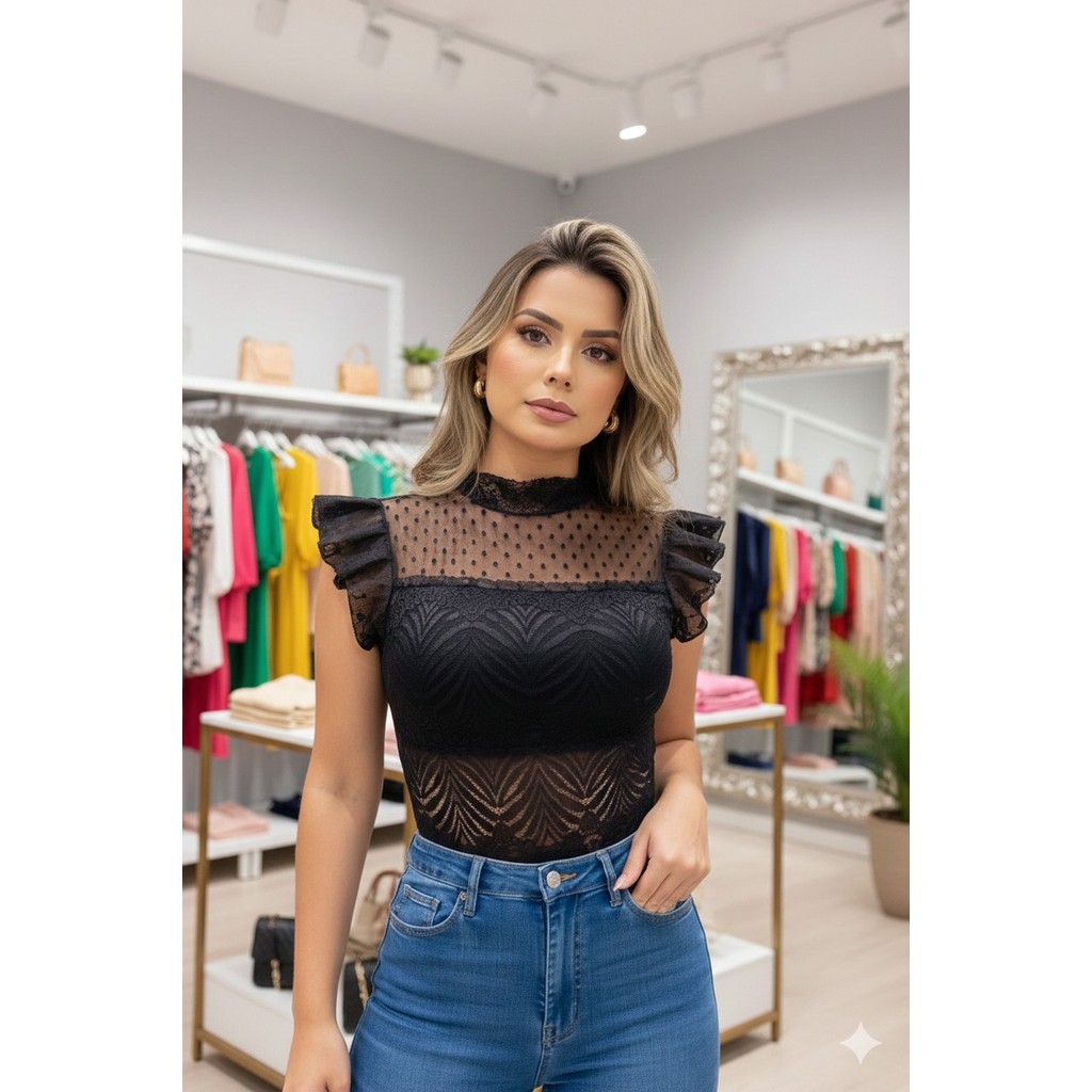 body feminino ombro renda estica tule manga curta babado top too