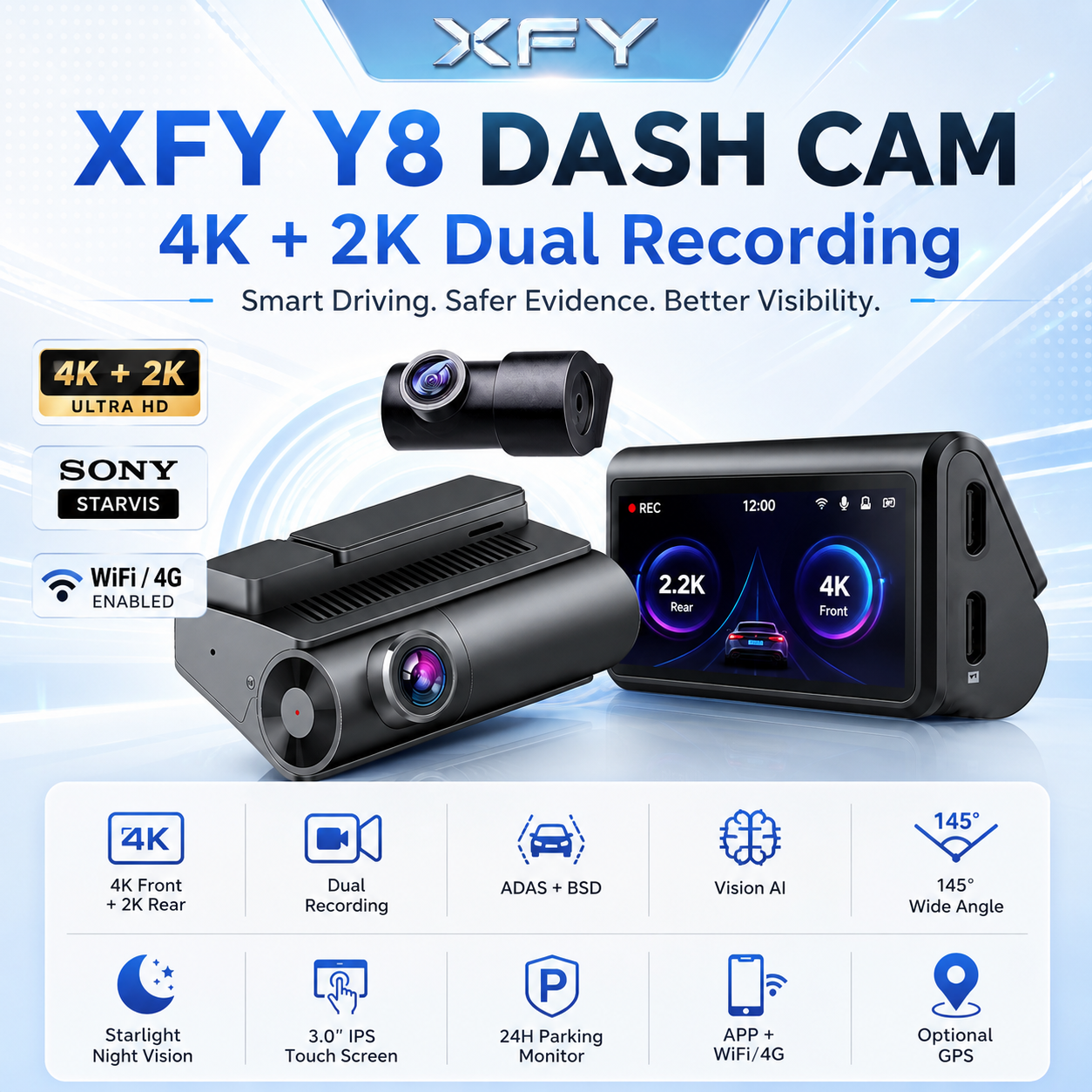 Xfy Y8 4k + 2k Dash Cam Frontal Traseira , Tela Sensível Ao Toque De 3.0 Polegadas , Adas Bsd , Visão Noturna , Aplicati