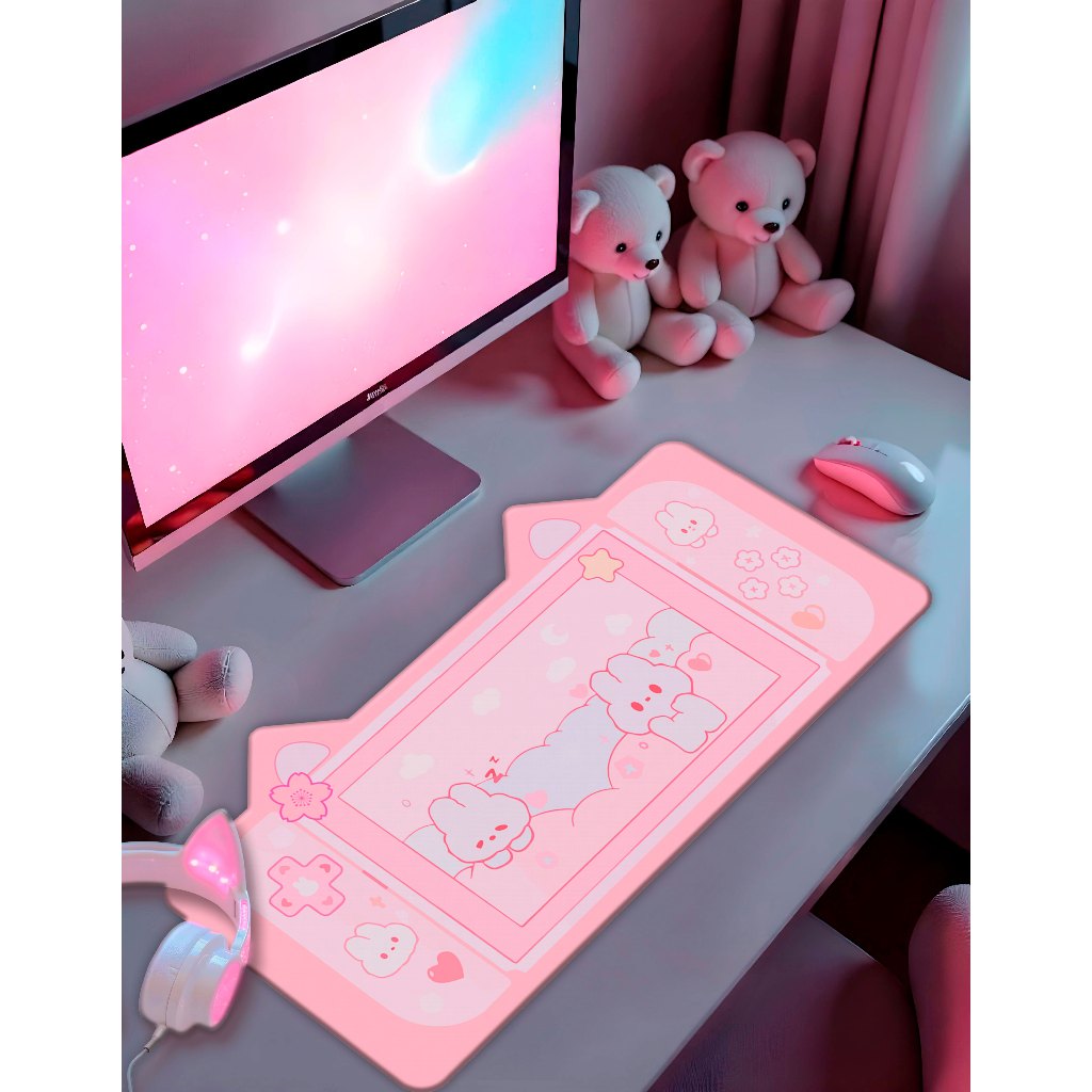 Mouse Pad/p Desktop 70X35cm Cute Cat com Orelhinhas e Borda Coturada Fofo Gatinho