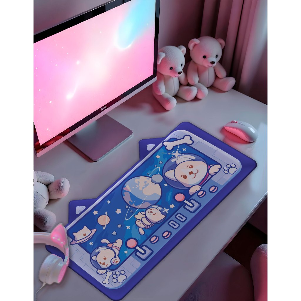 Mouse Pad/p Desktop 70X35cm Cute Cat com Orelhinhas e Borda Coturada Kawaii Gatinho