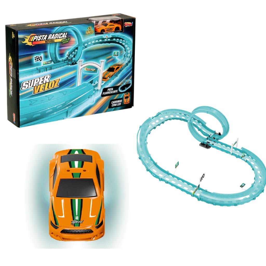 Pista Radical Noturna Brilha no Escuro Zoop Trilhos Fluorescentes Carrinho Led Infantil