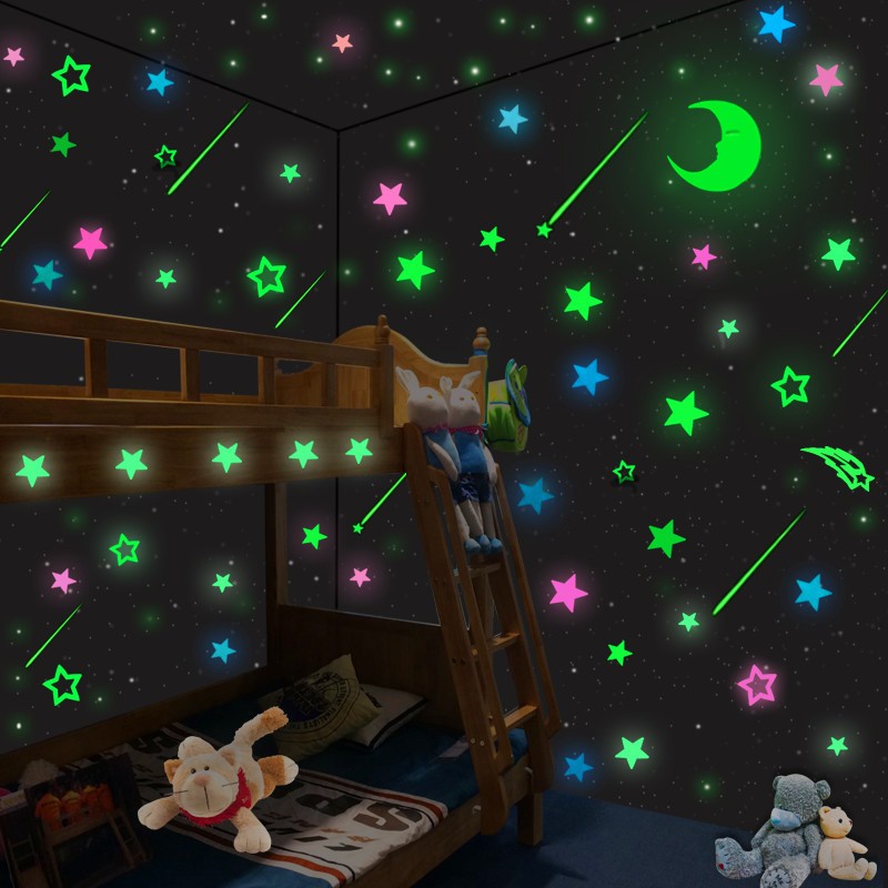 Papel de parede decorativo fluorescente em formato de estrela 3D que brilha no escuro para decoração de quarto, adesivo