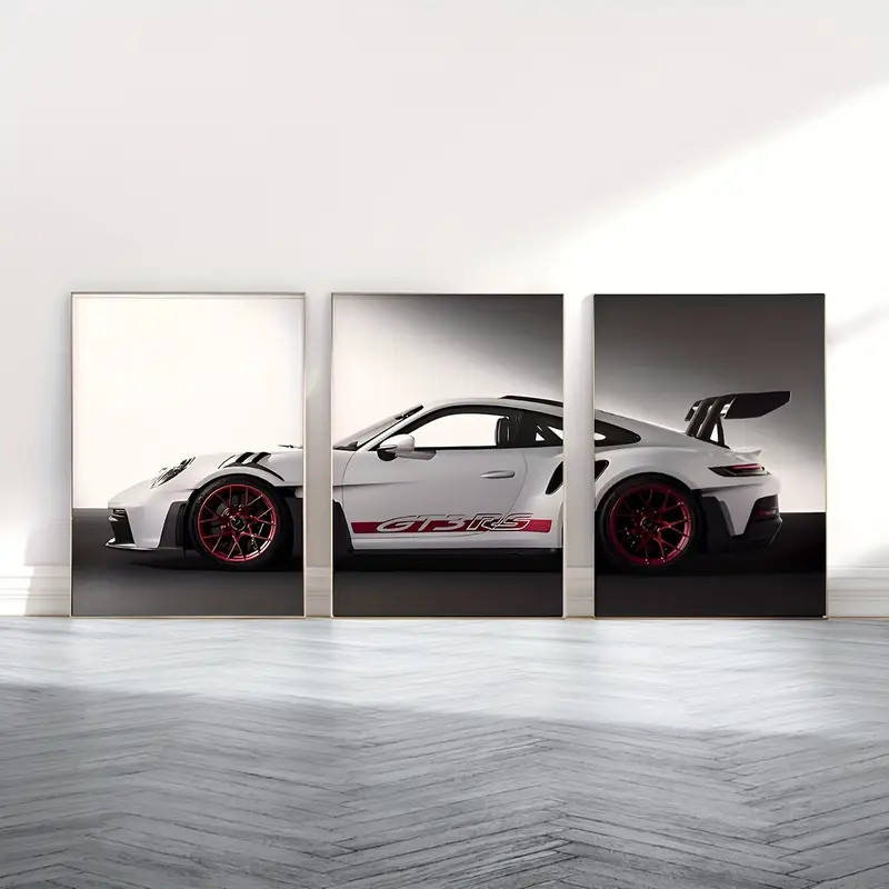 Kit 3 Quadros Decorativos Porsche 911 GT3 RS Carro de Luxo Turbo Decoração Quarto Garagem Sala MDF