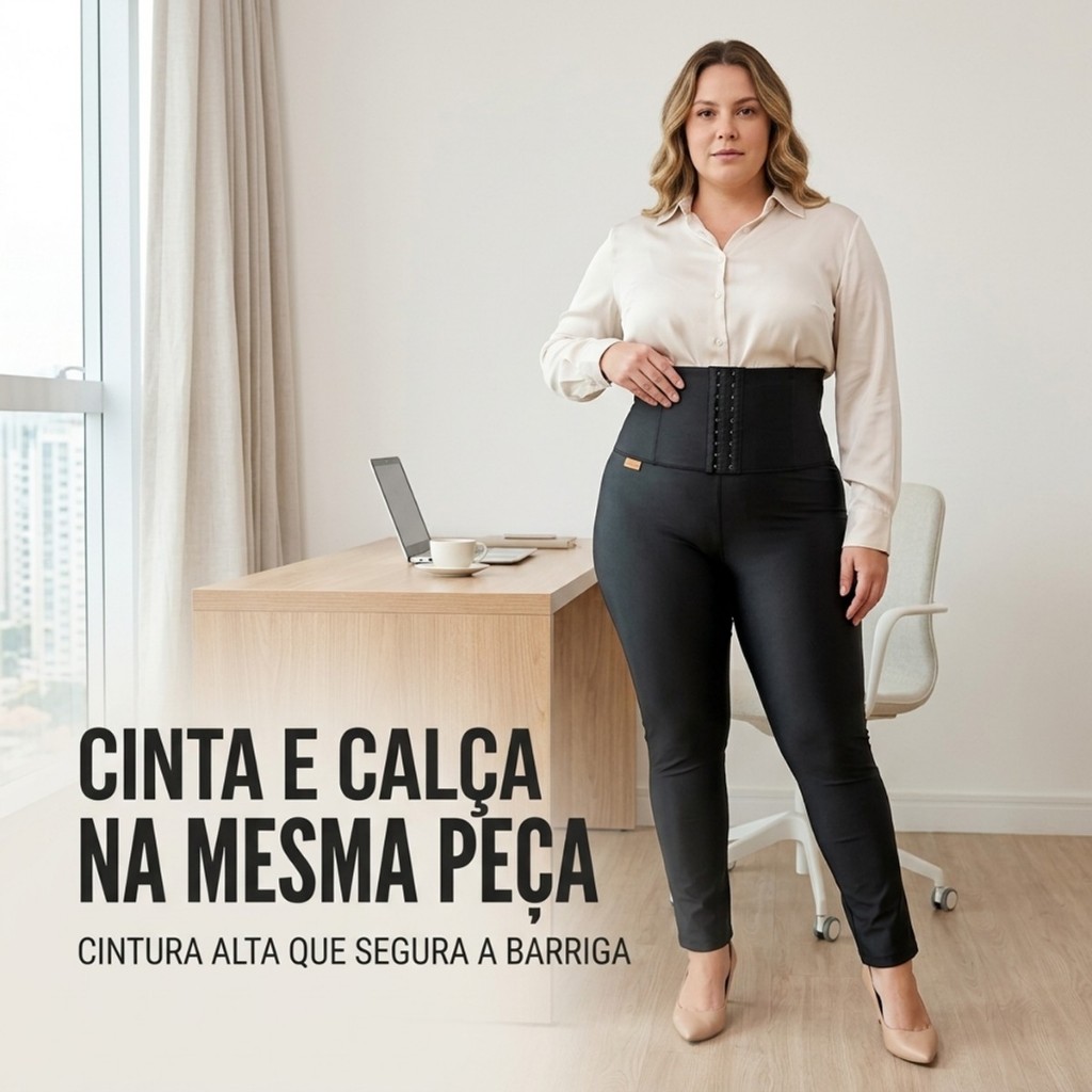 Calça Plus Size Feminina Modeladora Lipo Power Cintura Alta Preta Opaca Modela Barriga e Cintura