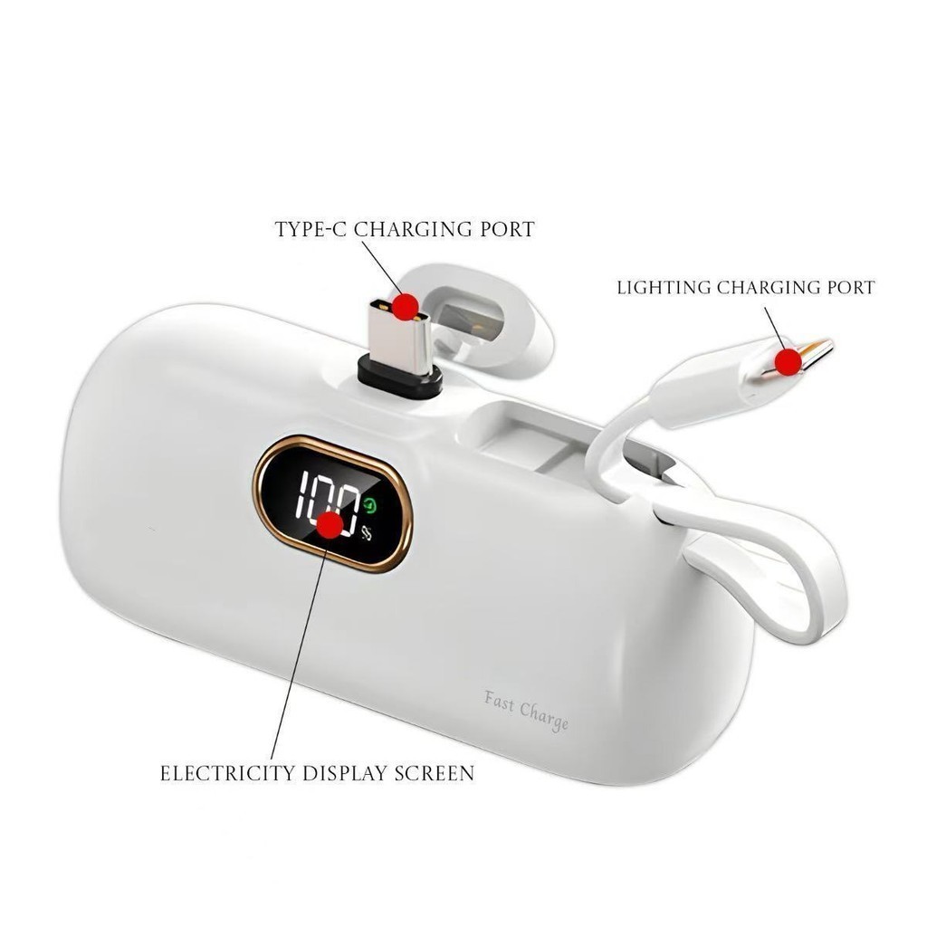 Carregador Portátil 5000mAh Mini 22.5W Tela Digital Type-C Lightning