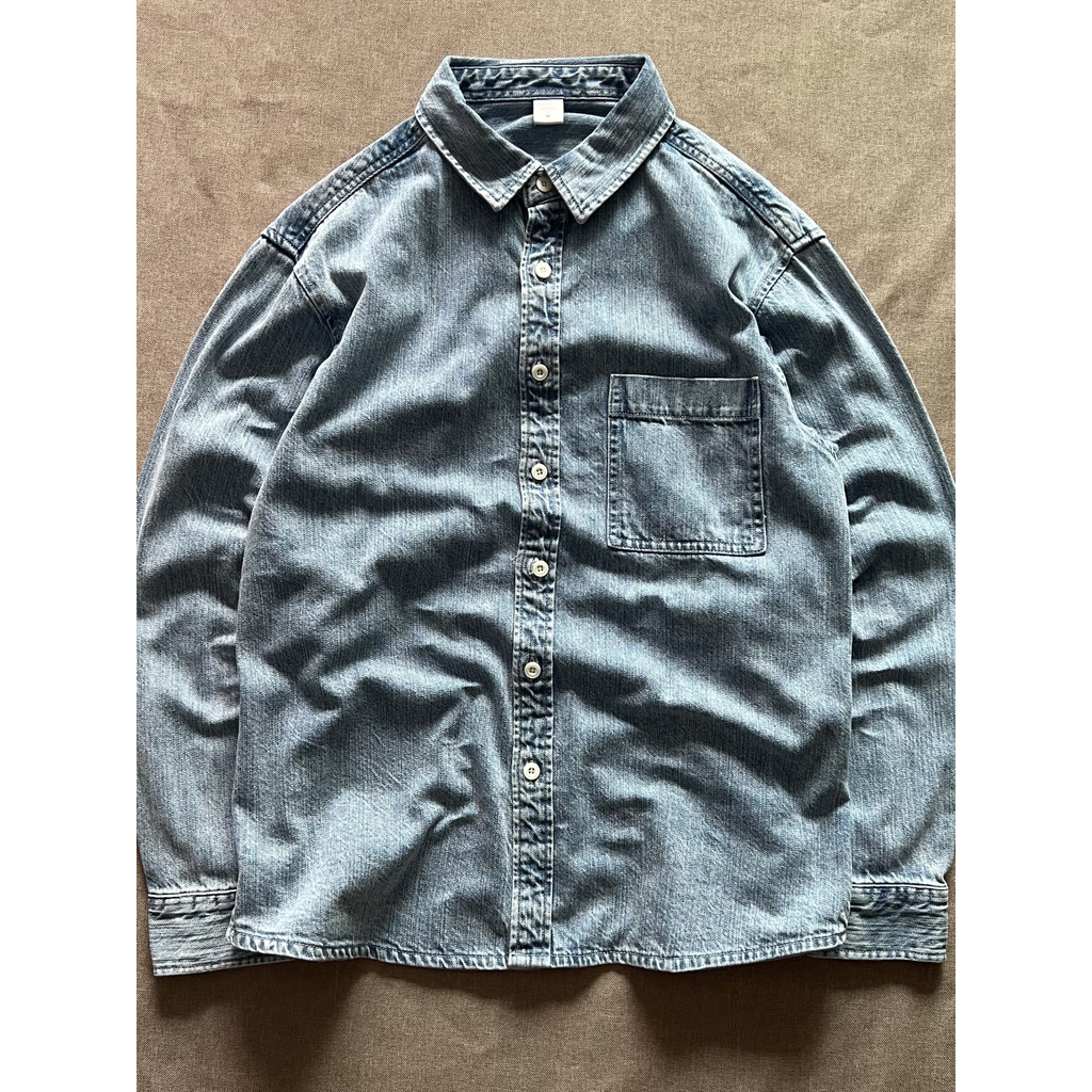Algodão pesado escovado Retro lavado branco primavera outono camisa jeans americano Casual bolso ferramentas camisa jean