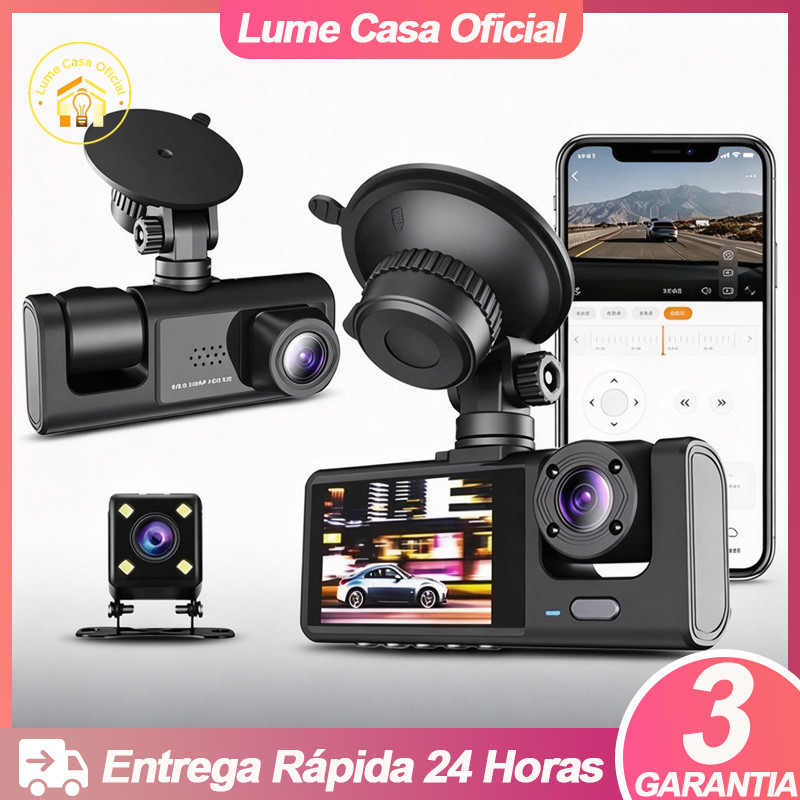 Câmera Veicular Full 1080P HD Dash Cam 3 Câmera (Frontal + Interna + Traseira) DVR Automotivo com Visão Noturna