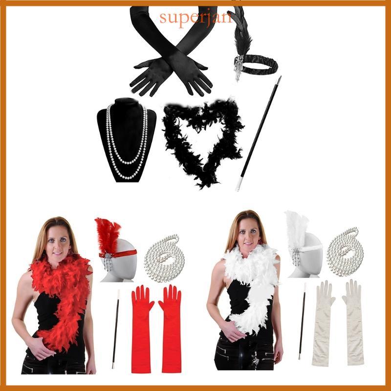 Flapper Traje 1920s Feminino Great-Gatsby Cocar Cetim Colar Tema Baile Cos-play Party Accessor