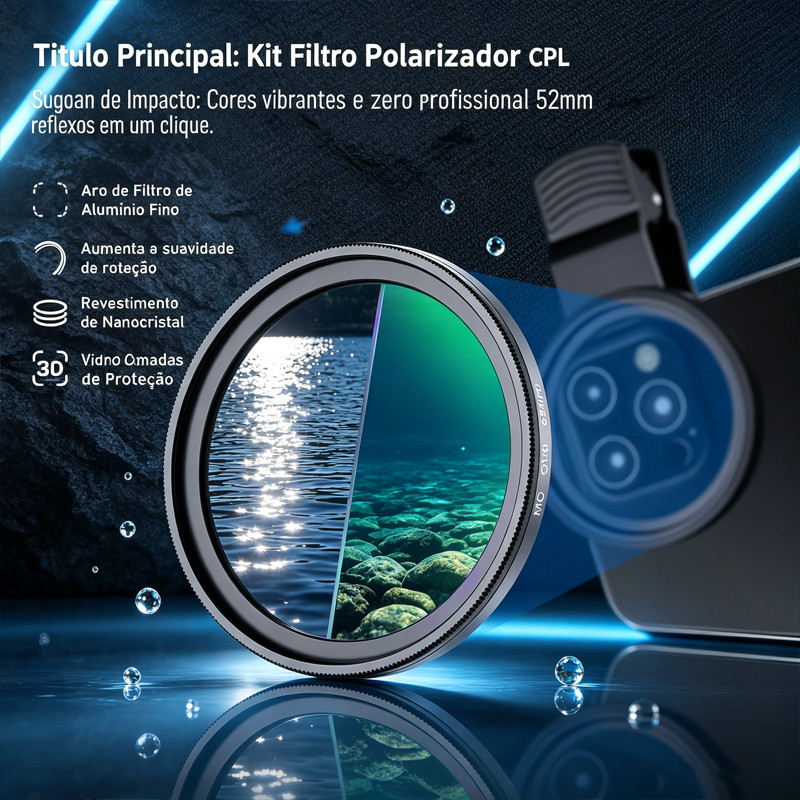 Kit Filtro Polarizador CPL 52mm para Celular Universal Lente Anti Reflexo iPhone Android com Case e Clip