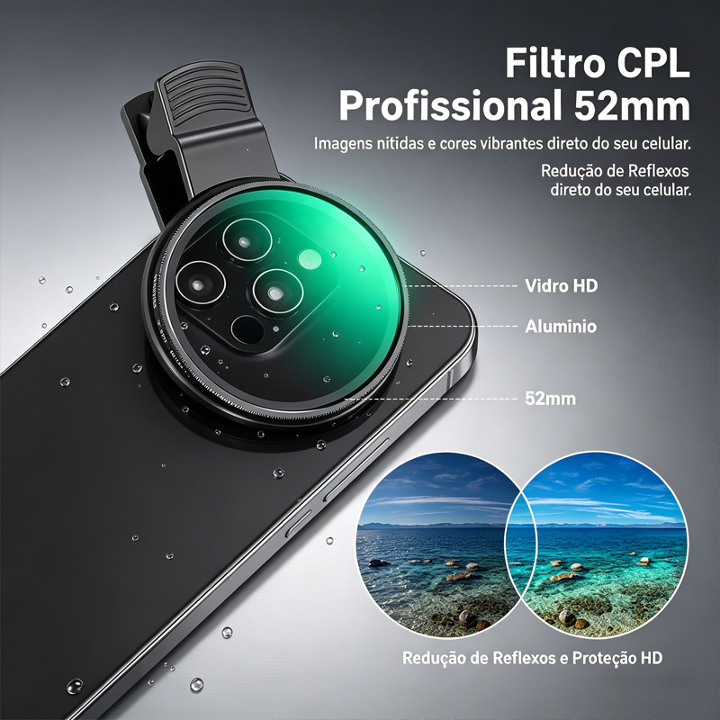 Filtro CPL Polarizador 52mm Profissional para Celular Clipe Anti-Reflexo Vidro HD + Estojo de Luxo