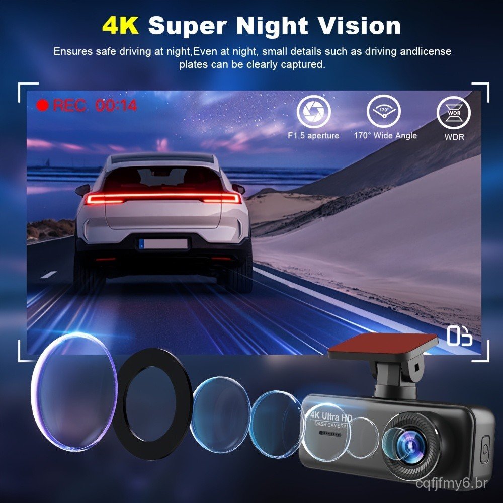 Nova Coleção 2026: Câmera Veicular 4K com Câmera Frontal de Resolução 2160P, Wi-Fi Integrado e Controle por Aplicativo,
