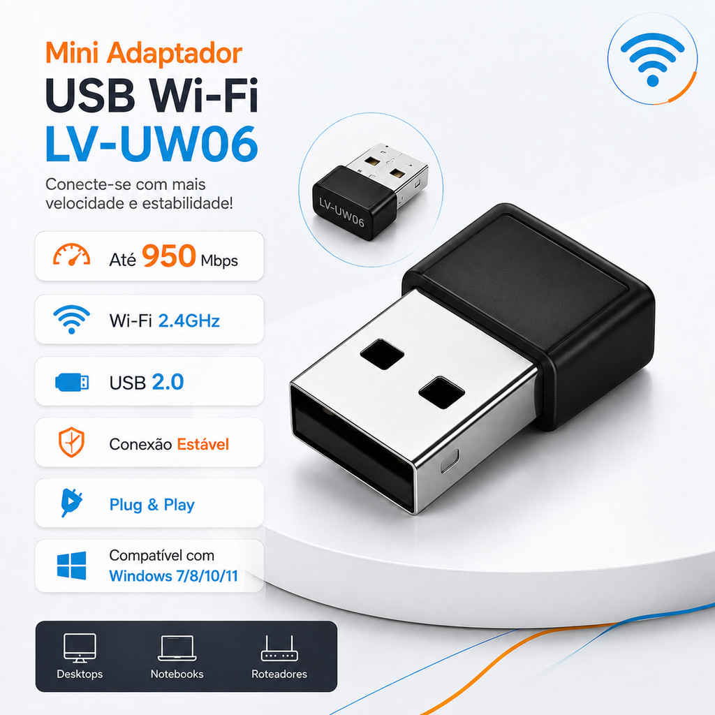 Receptor WiFi USB Mini 950Mbps Internet Sem Fio Para Desktop Notebook