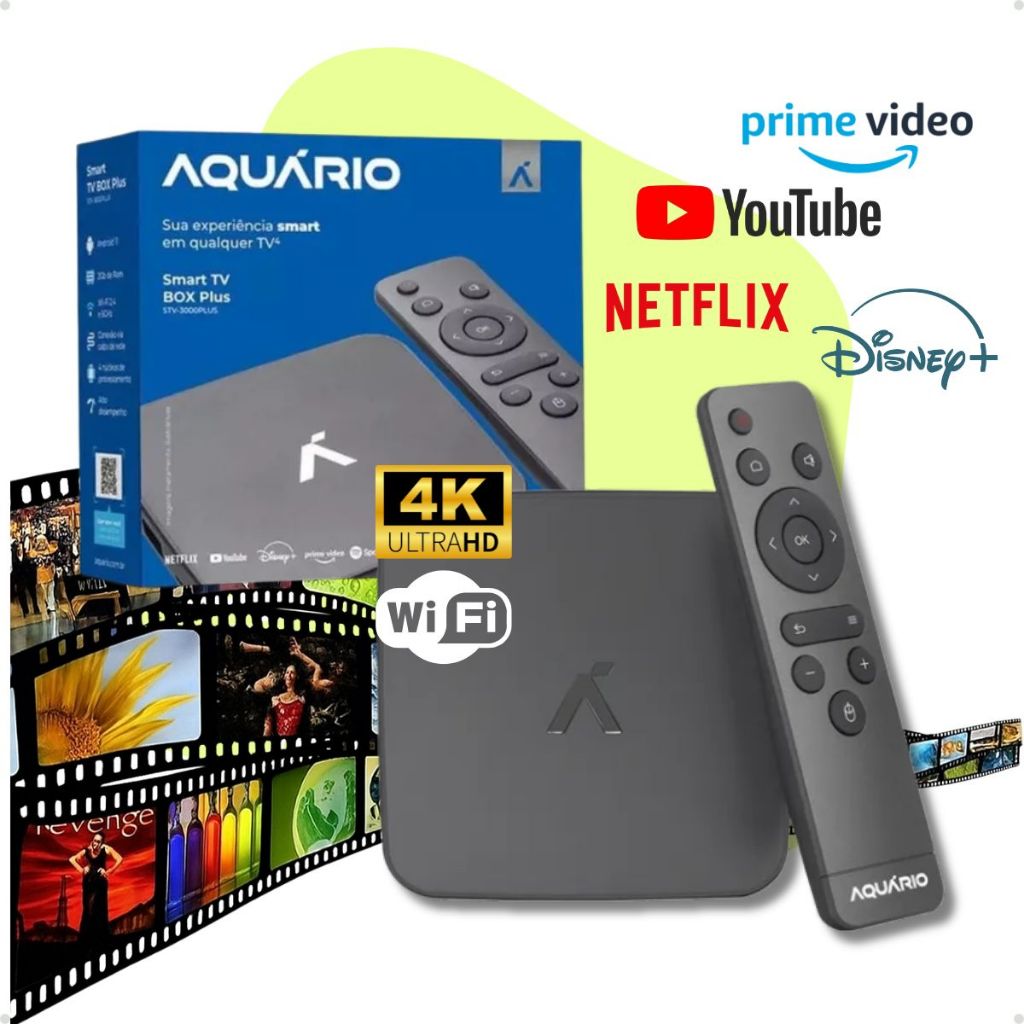 Smart Box Tv Aquário STV-3000 Plus 4k 2Gb 16Gb Android 11 Entrada RCA HDMI Micro SD 2.4GHz 5GHz