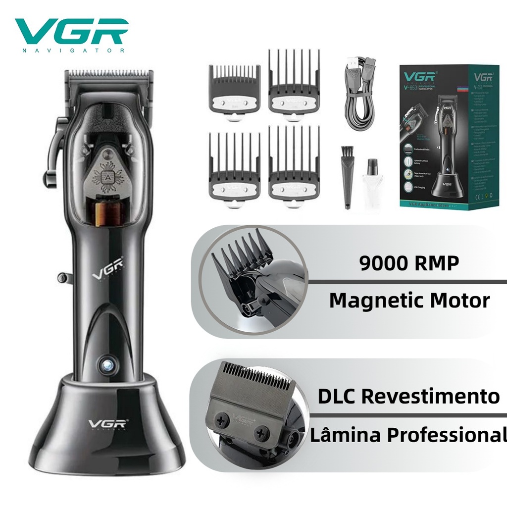 VGR Máquina de cortar cabelo profissional Lâmina revestida DLC Aparador de cabelo RPM 9000 Motor magnético 2500mAh Bateria Com Base Carregamento para homen V-653