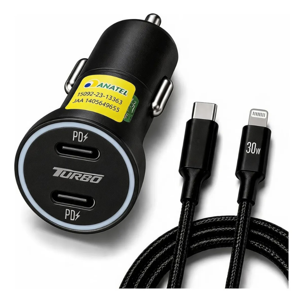 Carregador Veicular Turbo 60w Max + Cabo Usb-c Lightning