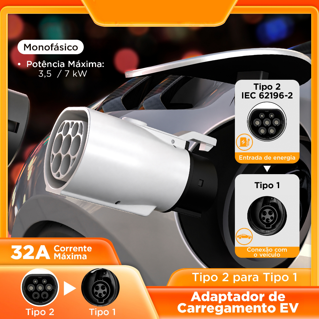 EV Adaptador De carregador Type2 to Type1 Para Tomada De Carregamento CA 32A monofásico 3,5 kW 7 kW máx