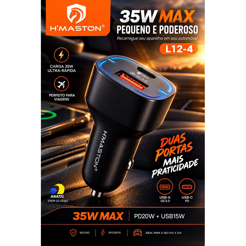 Carregador Veicular H’MASTON L12-4 35W MAX | USB-A + USB-C PD