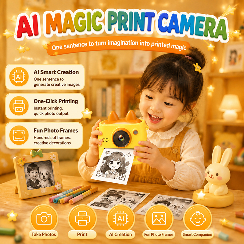 AI Magic Kids Câmera De Impressão Instantânea , Gerador De Imagem De Voz Inteligente Lente Dupla Digital Infantil Brinqu