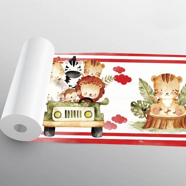 Papel de Parede Safari Vermelho Faixa Adesivo Lavável Safari Infantil Rolo 1.10 Metros X 15 CM - Pro Decor