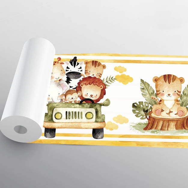 Papel de Parede Safari Faixa Safari Aquarela Quarto Infantil Amarelo Safari Amarelo 1.10 Metros X 15 CM - Pro Decor