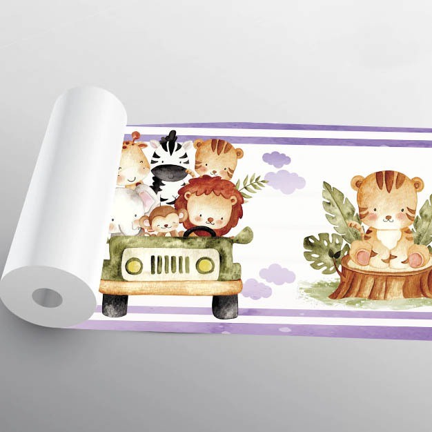 Papel de Parede Safari Lilas Faixa Safari Adesivo Lavável Quarto Infantil Rolo de 1.10 Metros x 15 CM - Pro Decor