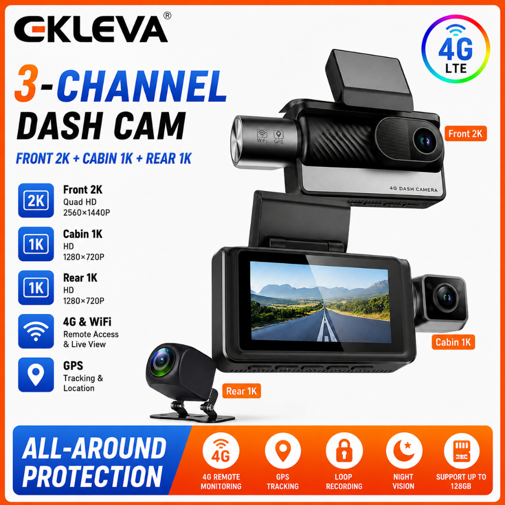 EKLEVA 4G LTE 3 Canais Dash Cam 2K DVR Para Carro Com Cartão SIM , Transmissão Ao Vivo , Tela Sensível Toque , WiFi , GP