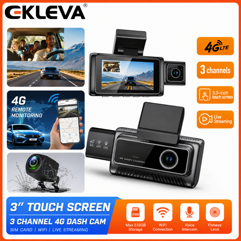 EKLEVA 4G 2K 3CH Dash Cam 3 Canais Carro DVR Com Tela De Toque De 3.0 