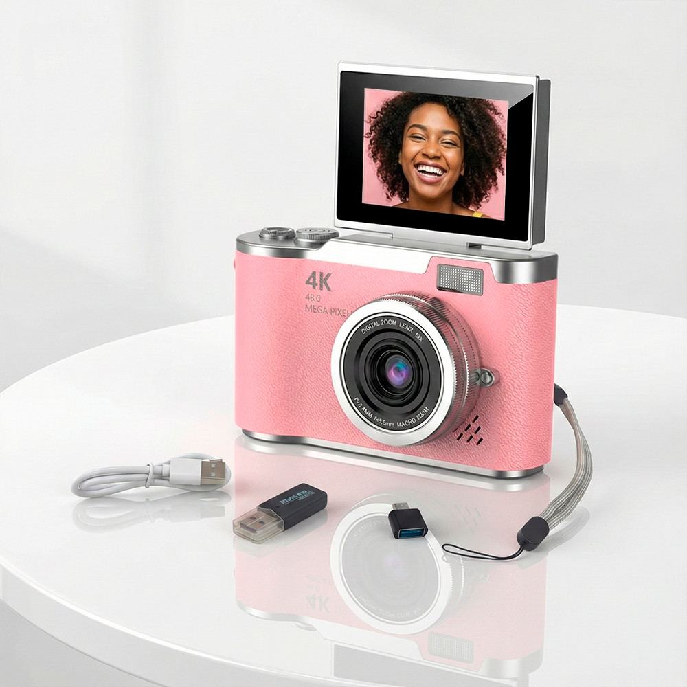 Câmera Digital Tela Giratória 2.4 Selfie 4K 1080P 720P VGA Bateria 4 Horas Adesivos Pulseira