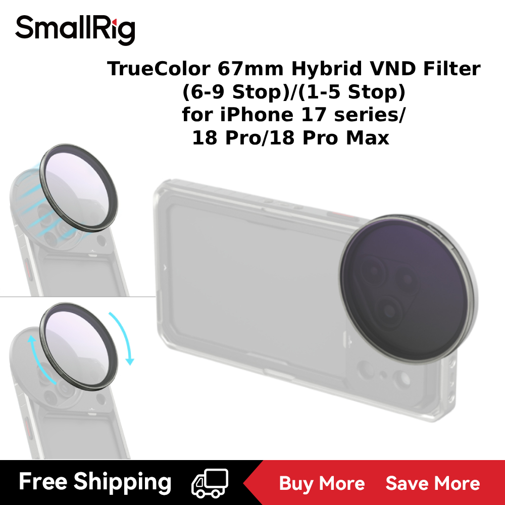 SmallRig Para iPhone Série 17/18 Pro Max TrueColor 67mm Filtro VND Híbrido (6-9 Stop)/6897 , (1-5) 6896 , 67mm Adaptador