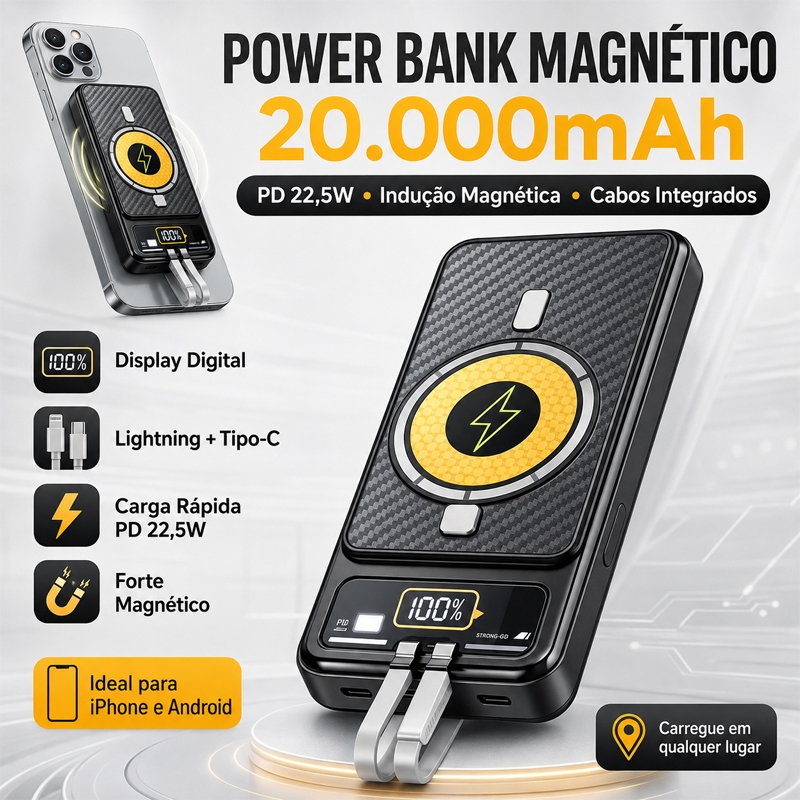 Power Bank 20000mAh com Carregamento por Indução 22,5W, USB-C e Lightning para iPhone e Android
