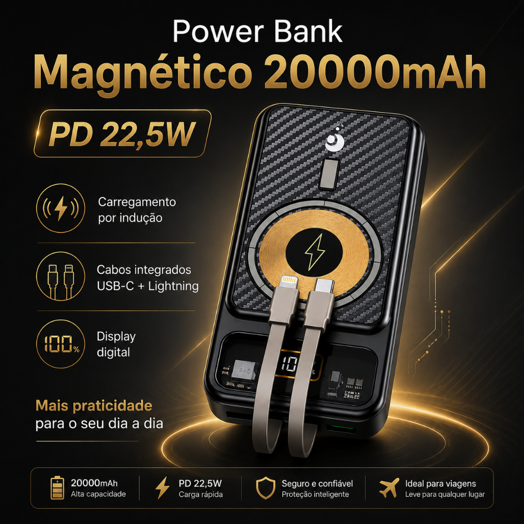 Carregador Portátil Power Bank 20000mAh Por Indução PD 22,5W Com USB-C e Lightning Para iPhone e Android