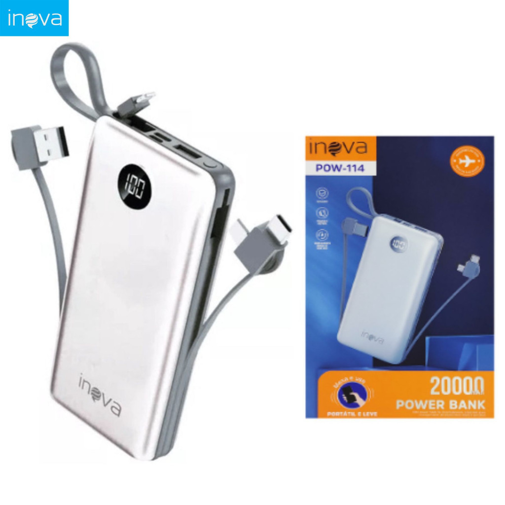 Carregador Portátil 20000mAh Power Bank com Cabo V8 iPhone e Tipo C 100% Original
