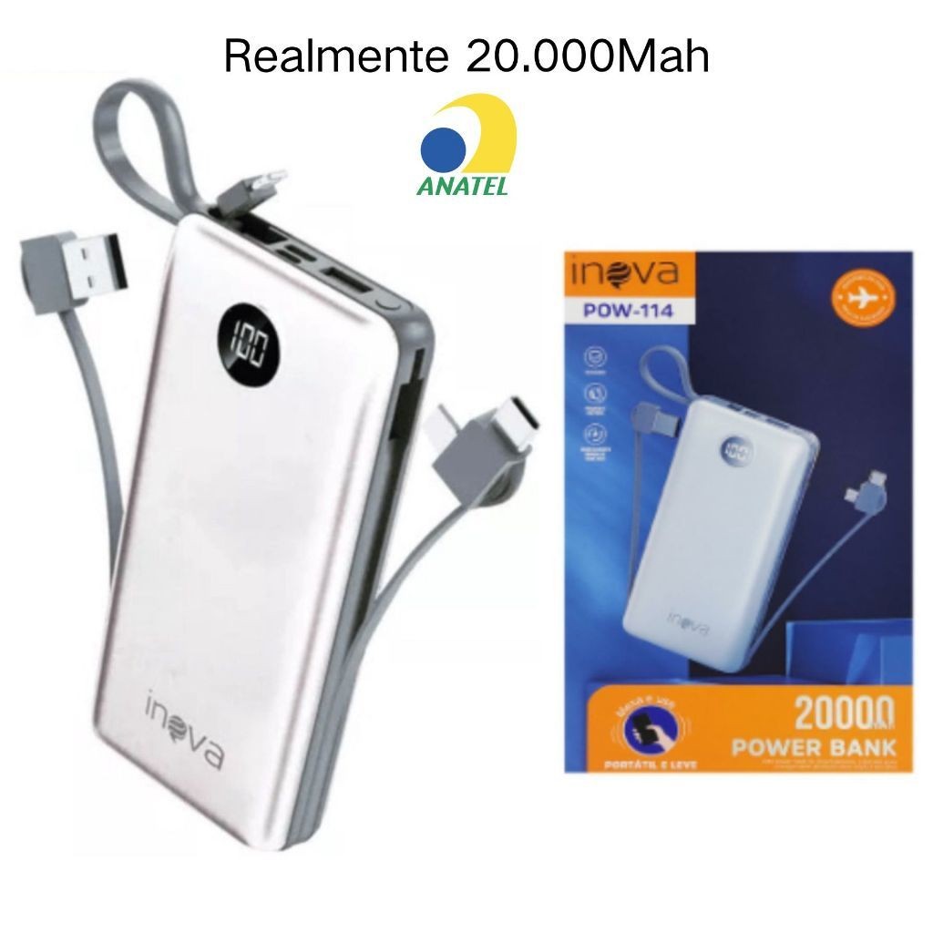 Carregador Portátil Realmente 20000Mah Power Bank com Cabo V8 iPhone e Tipo C 100% Original