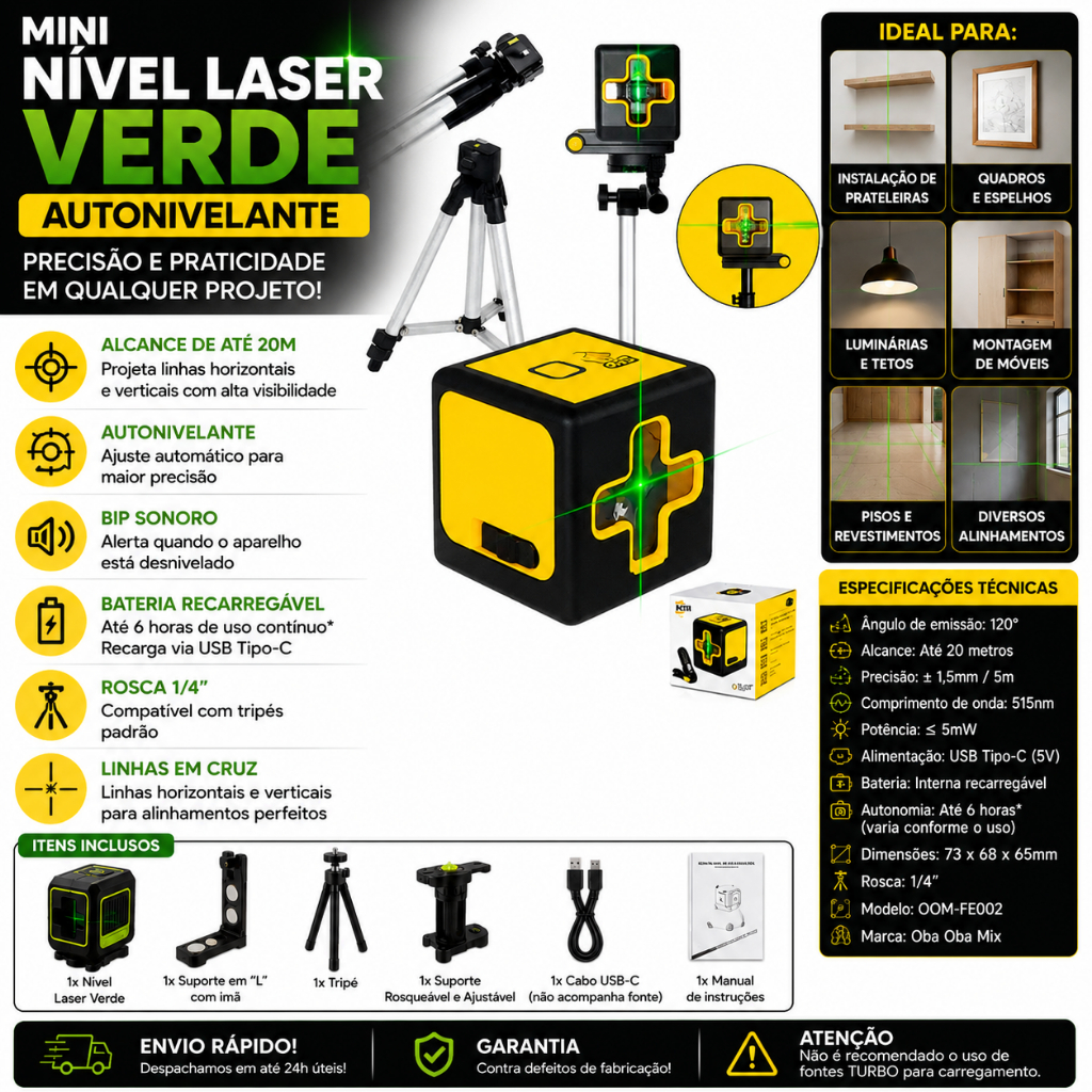 Kit Mini Nível Laser Verde Autonivelante 20m USB Tipo C com Tripé Magnético