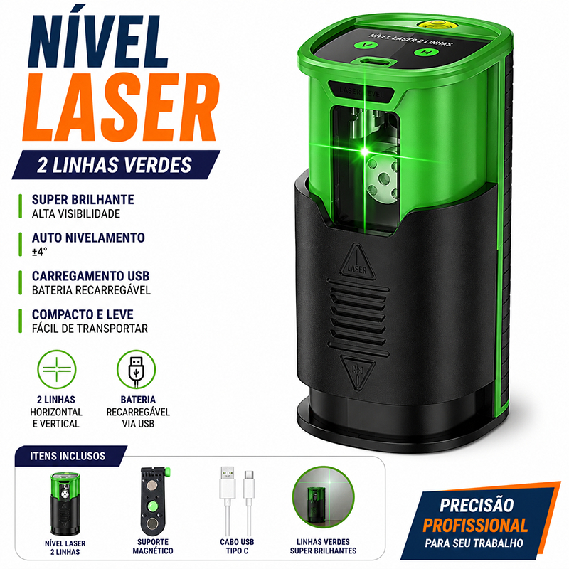 Mini Nível Laser Verde 2 Linhas Super Brilhante com Carregamento USB para Assentamento Azulejo