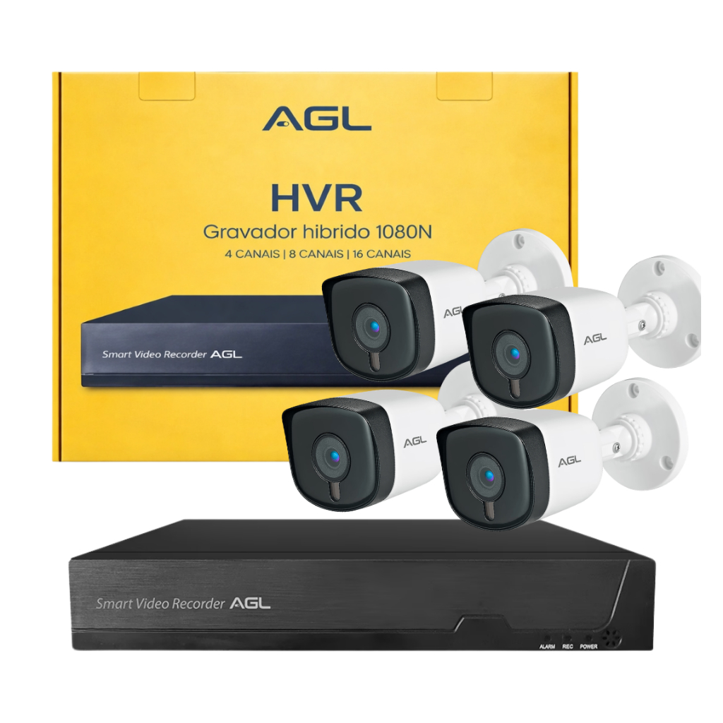 Kit HVR de 4 Canais HIBRIDO 1080N AGL + 4 CâMERA BULLET analógica 720p agl