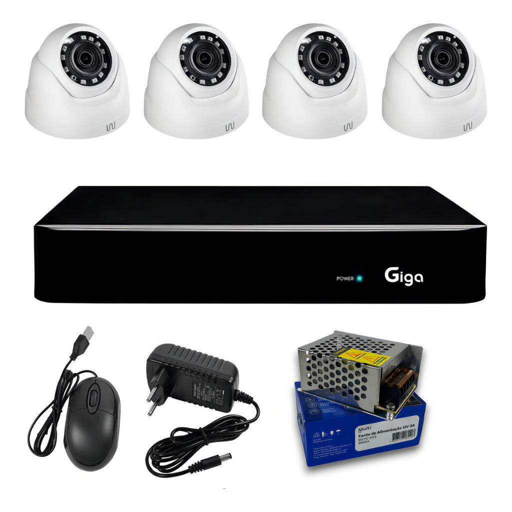 Kit DVR De 4 Canais e 4 Câmeras Dome 720p com Fonte 12v3a Cftv Giga GS0912