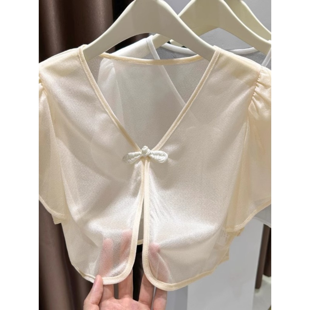 Novo estilo chinês exterior de manga curta Cardigan feminino verão Suspender saia protetor solar xale piscando gaze five