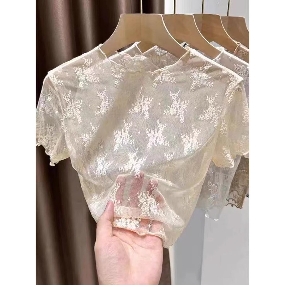 Verão combinando saia Suspender com blusa de malha feminina fina transparente camisa de fundo curto umbigo manga curta r