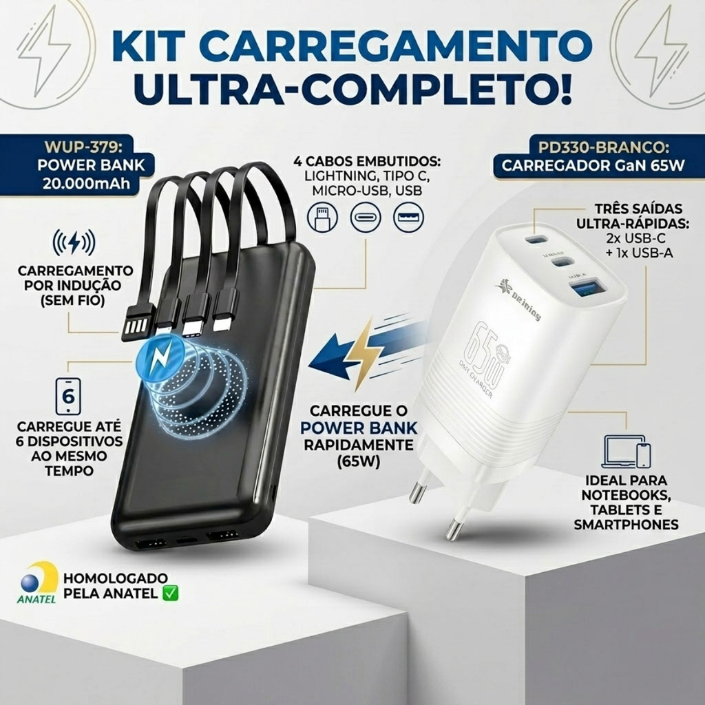 Kit Carregador Turbo 65W GaN + Power Bank 20.000mAh Indução Peining Original Carga Rápida