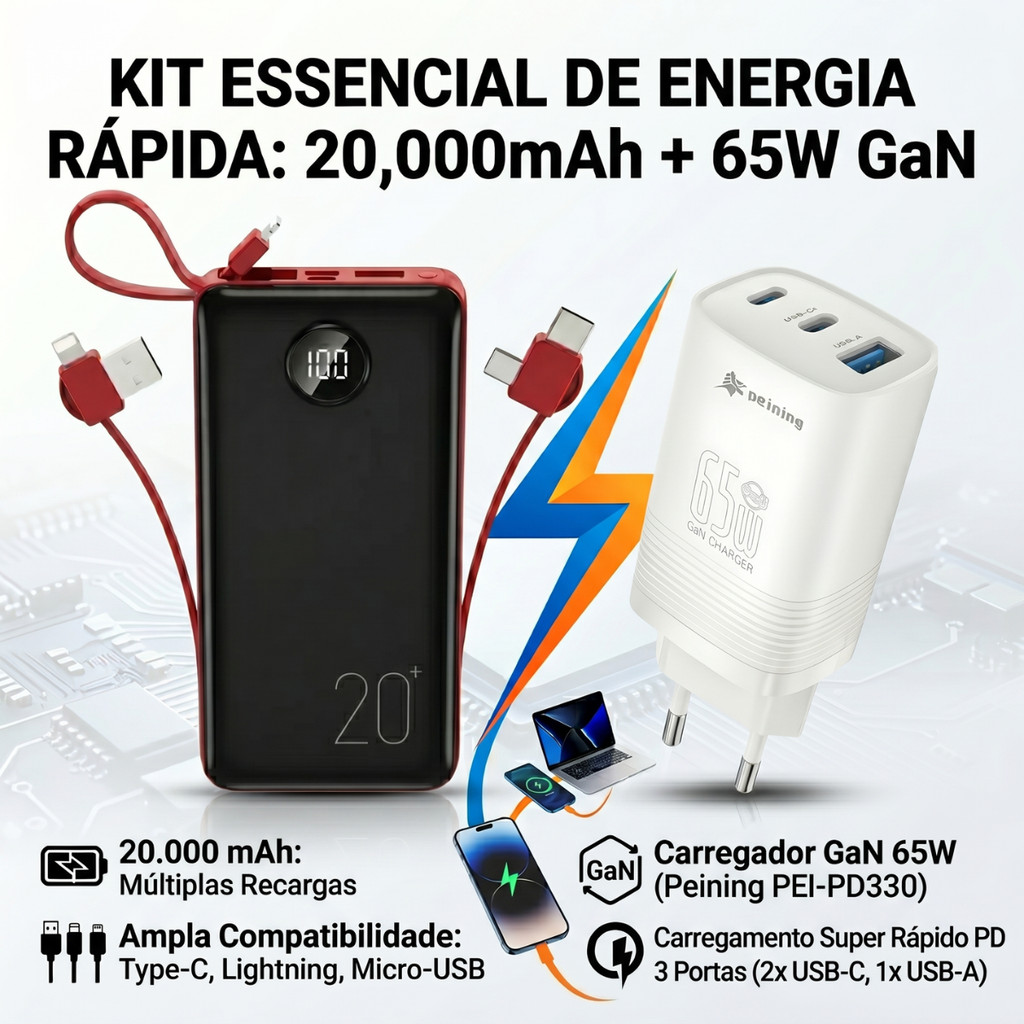Kit Carregador 65W GaN Turbo + Power Bank 20000mAh Peining Original Carga Rápida