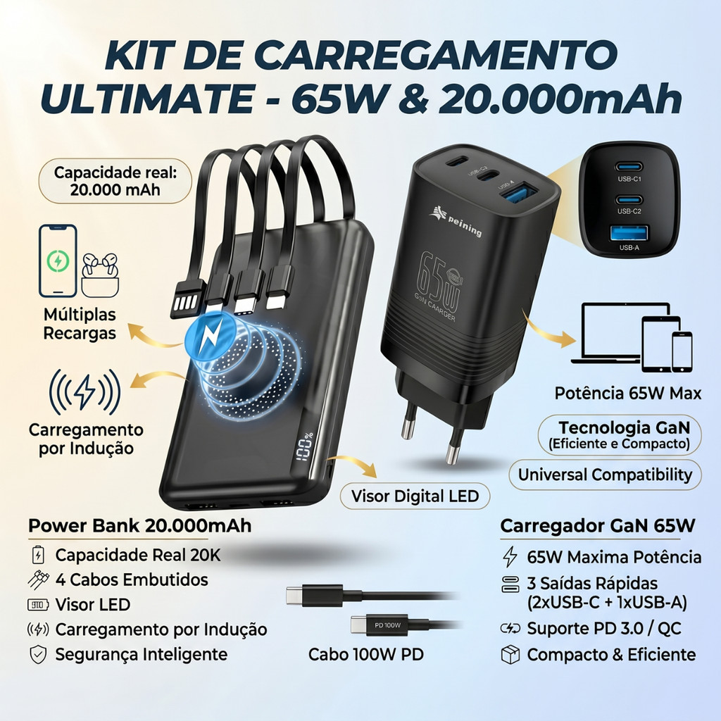 Kit Carregador 65W GaN Turbo + Power Bank 20000mAh Original Peining Com Indução Premium